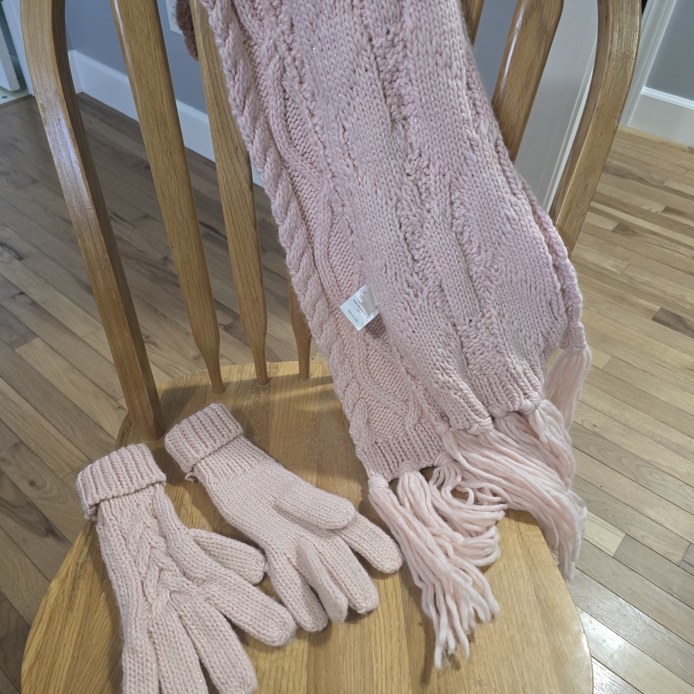 Pink Cable Knit Scarf and Gloves Set